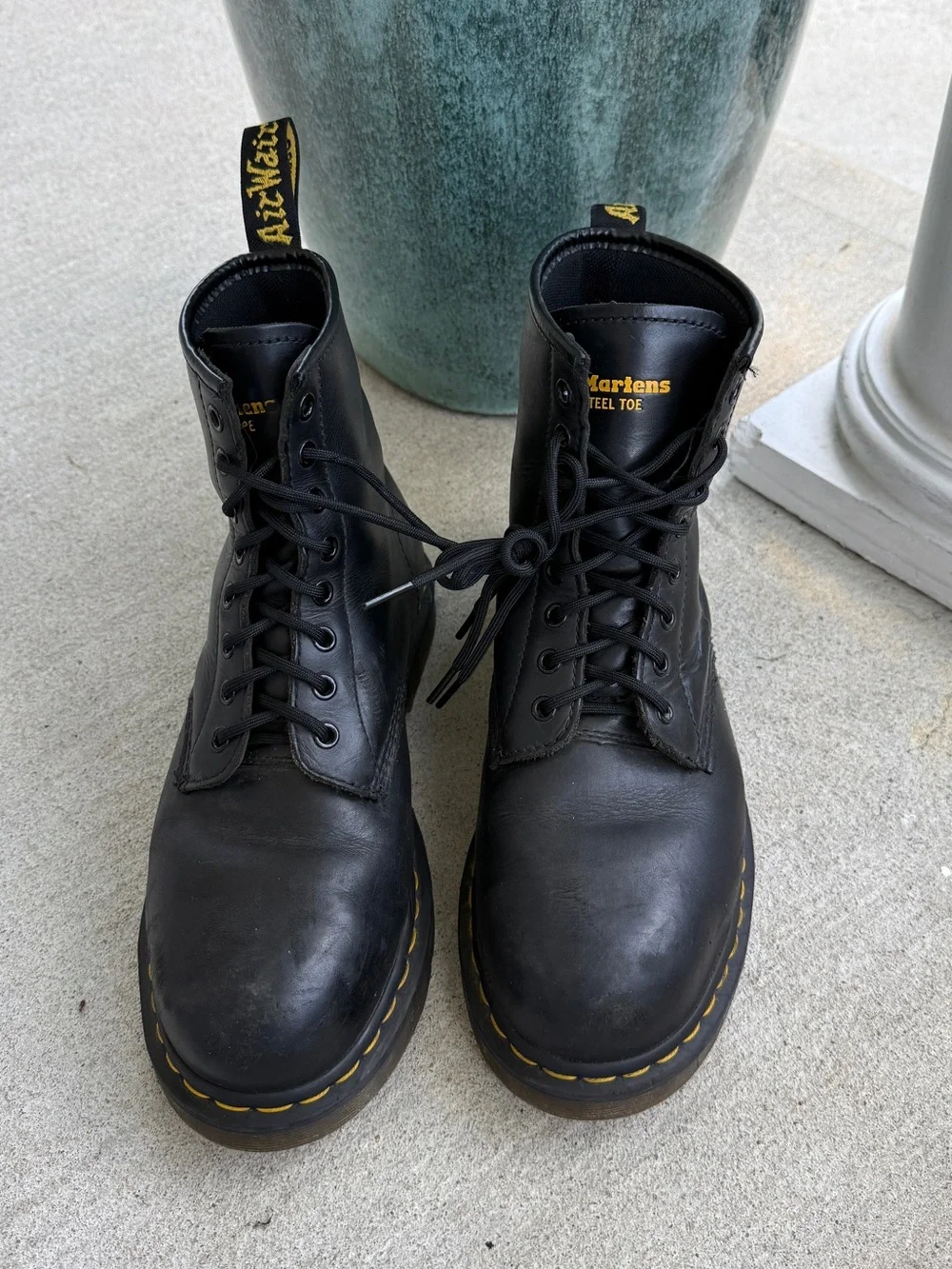 Dr. Martens steel toe slip resistant Black Leather 8-Eye Lace-Up Boots